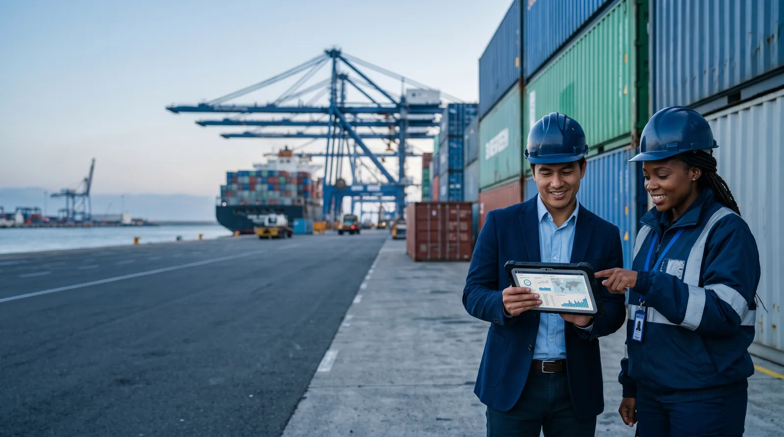 An inspector and a logistics manager reviewing cargo data together