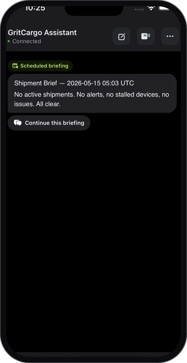 GritClaw assistant app - scheduled shipment briefing